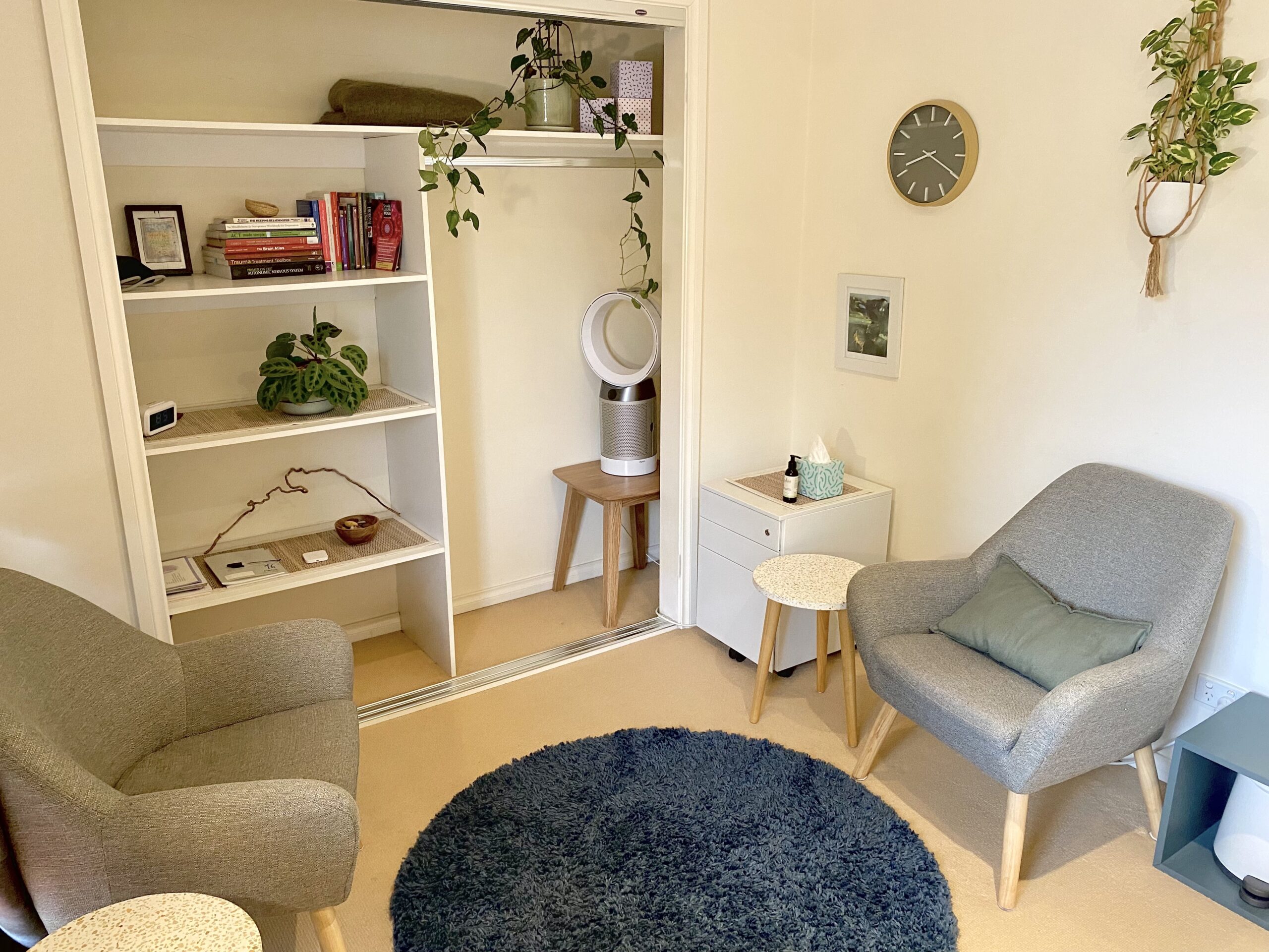 Comfortable office space with two arm chairs, coffee tables, plants, rug, wall clock and books